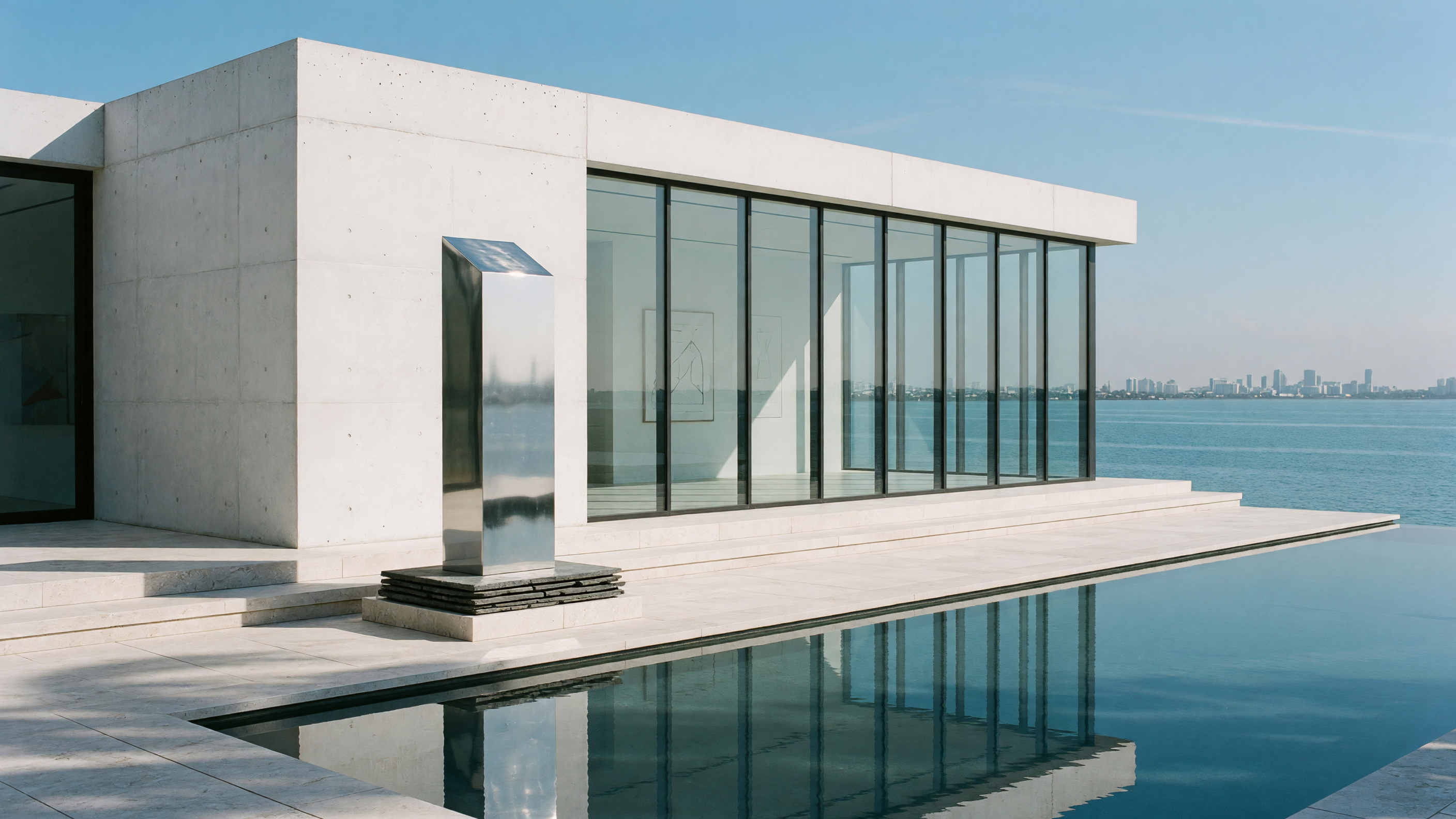 Bright Miami waterfront architecture in white stone, optical glass and polished aluminum.